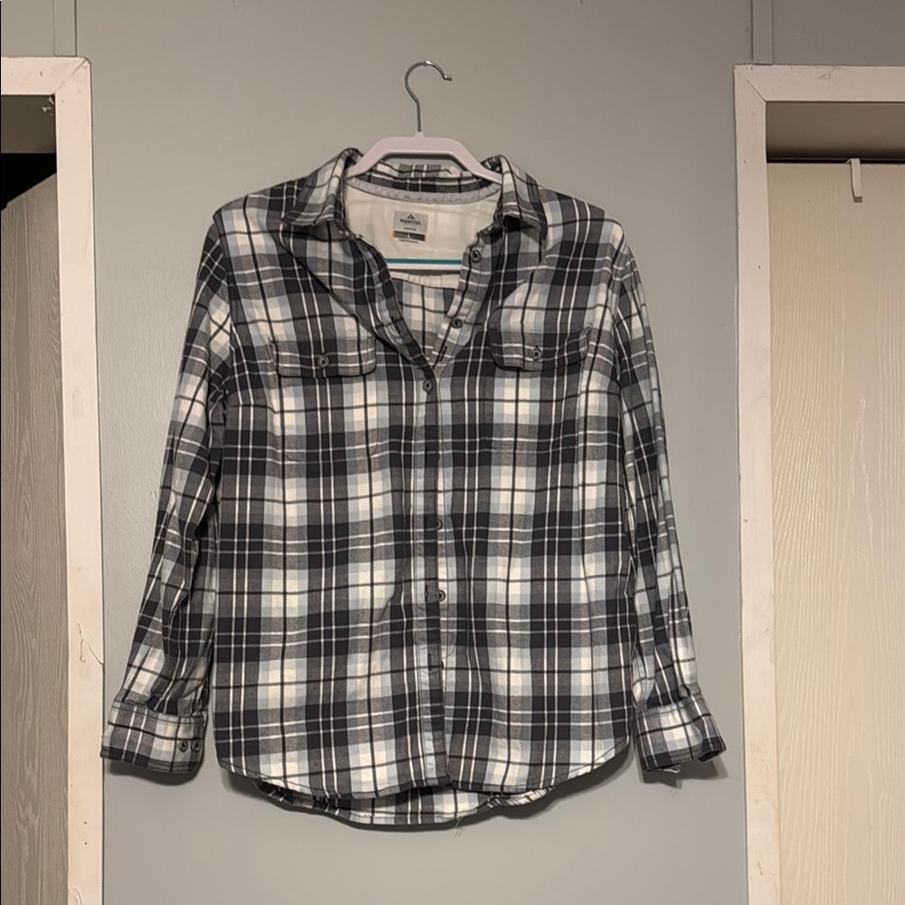 Black and White Button Down Shirt with Notched Collar and Relaxed Fit